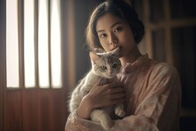A Fictional Character Created By Generative AI.A Woman Holding A Cat In Her Arms