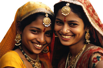 A Fictional Character Created By Generative AI.Closeup Image of Happy Young Indian Women Portrait with Elegant Jewellery in Ethnic Outfit. Generative Ai.