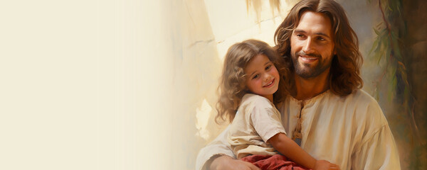 Wall Mural - Artistic depiction of the Lord Jesus Christ holding a young girl in his arms. Religious Christian theme banner.