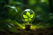 Eco Friendly Leaf Green Energy Light Bulb in a Lush Forest Background. Energy Conservation Icon 001. Generative AI