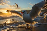 Fototapeta Sport - Flock of seagulls catching the ocean breeze, Generative AI