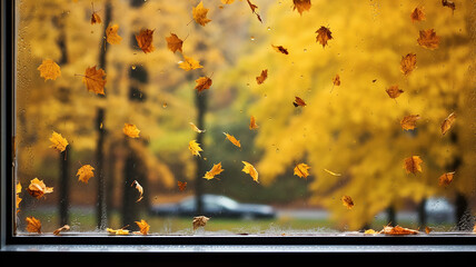 rain outside the window in the landscape of autumn park and yellow leaves.