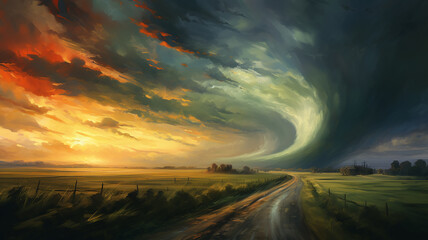 Wall Mural - drawing of a tornado on the road in a field sunset colors.