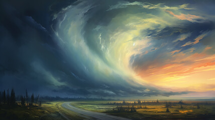 Wall Mural - drawing of a tornado on the road in a field sunset colors.