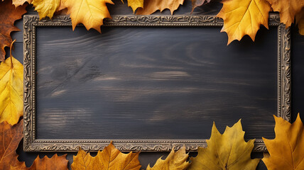 Wall Mural - background frame school chalkboard black framed with yellow autumn leaves.