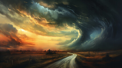 Wall Mural - drawing of a tornado on the road in a field sunset colors.