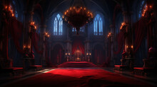 Vampire Dracula Castle Interior, Victorian Red Furnitures. Halloween Concept. Generative AI