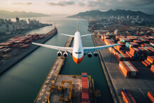 Plane Flying Over Container Port In A Big City. Transportation And Logistics Concept