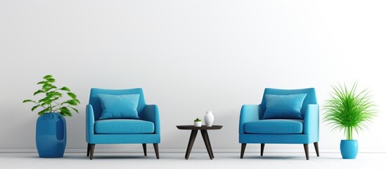 Sticker - Contemporary living room with blue armchairs white flooring and wall in