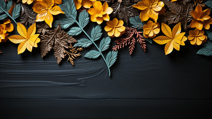 Wall Mural - background frame school chalkboard black framed with yellow autumn leaves.