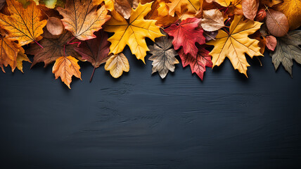 Wall Mural - background frame school chalkboard black framed with yellow autumn leaves.