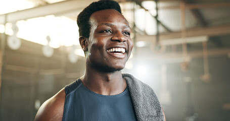 Poster - Smile, fitness and face of black man at a gym for training, exercise and athletics routine. Happy, mindset and African male personal trainer at sports studio for workout, progress and body challenge