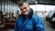 Cheerful young man with down syndrome working in a mechanical workshop, social inclusion concept. Generative AI