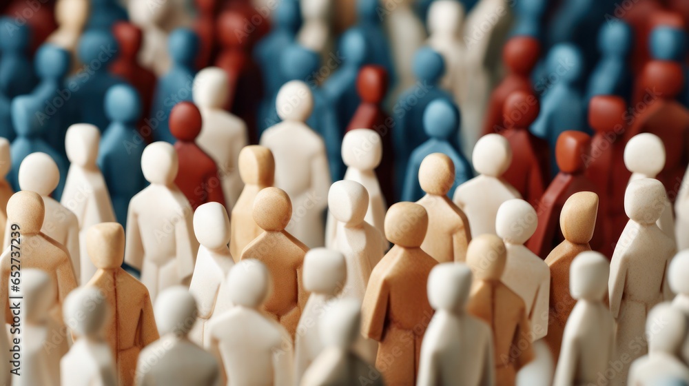 Many wooden humans, many people around. overpopulation concept, banner ...