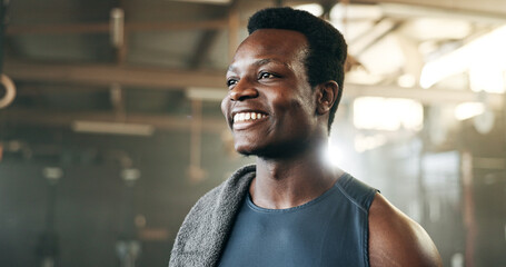 Poster - Smile, fitness and face of black man at a gym for training, exercise and athletics routine. Happy, mindset and African male personal trainer at sports studio for workout, progress and body challenge