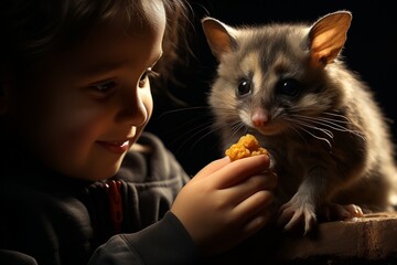 Wall Mural -  Child sharing a sweet treat with their cheeky sugar glider, Generative AI