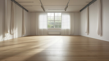 bright empty room hall with a large window and parquet, natural lighting.