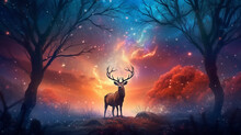 Fantastic Landscape Lone Deer Fantasy Style. Dream Fairy Tale Magic Art.