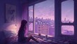 a cozy bedroom big window outside is the city girl sitting on the bed and looking at the window illustration purple colors 16k 