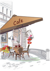 Wall Mural - Series of backgrounds decorated with flowers, old town views and street cafes. Café window.   Hand drawn vector architectural background with historic buildings. 