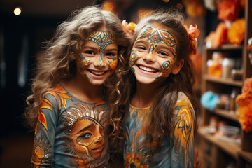 Portrait of two happy diverse girls with painted face and costumes for Thanksgiving party.