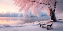 Garden Bench In The Park In The Winter Snowfall. Seasonal Phenomenon. Winter Snow Background  Beautiful Natural Park In Blue And Pink Colors  Snow-Covered Garden Bench In The Park AI Generative 