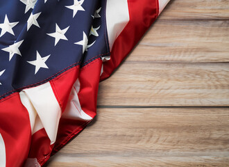 american flag lay on wooden table with copy space