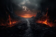 Apocalyptic inferno underworld landscape with road to hell. Life after death religious concept.