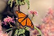 Monarch butterfly with outspread wings feeding on the nectar of a pink flower with blur background