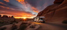 Motorhome RV Camper Van On The Road At Sunset. 
