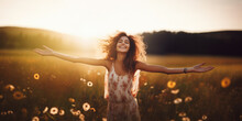 Beautiful Smiling Carefree Woman With Opened Arms In A Meadow