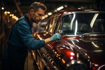 Wall Mural - Vintage car enthusiast polishing their cherished classic automobile, Generative AI