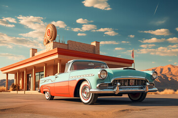 Wall Mural -  Vintage convertible car parked in front of a retro motel, Generative AI