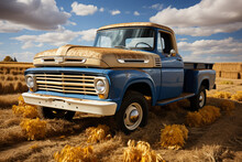  Vintage Pickup Truck Loaded With Hay Bales On A Farm, Generative AI