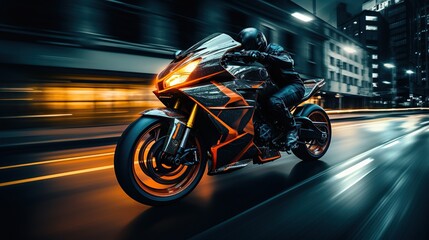 EBR racing motorcycle bicker with abstract long exposure dynamic speed light trails in an urban environment city, Generative AI