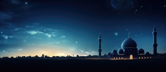 Wall Mural - Islamic symbols of mosques moon and text space on a twilight sky representing Ramadan Eid and New Year