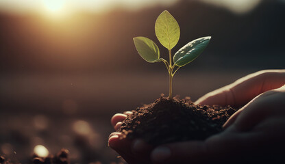 Wall Mural - close up hand holding seed plant planting growing plants in nature, Generative ai