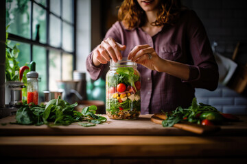 Female hands putting chopped vegetables in a mason jar, making preserved delicacies for the winter season at home kitchen. 