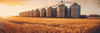 Silos in a wheat field. Storage of agricultural production. Select focus of wheat field. Generative Ai