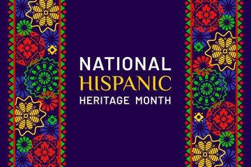 Wall Mural - National hispanic heritage month poster with ethnic ornament. Vector festive background with vibrant traditional decorative pattern, for annual event, celebrating the rich diversity of latin community