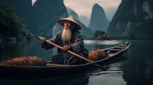 An Old Man Canoeing On The Li River In China. A Sage Sitting In A Boat. Fisherman In A Straw Hat. Created In AI.