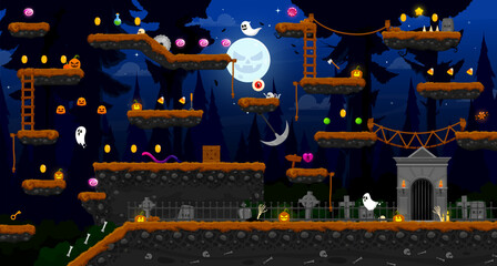 Arcade dark Halloween forest game level map, vector interface with wooden platforms, golden coins on stairs. Ghosts, sweets, pumpkins and zombie hands on cemetery background for Halloween arcade game