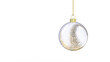 christmas ball glossy transparent glass with big golden swirl at the bottom  hanging from top upright 3D CAD rendering isolated
