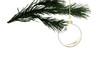 glossy christmas ball transparent glass with big golden swirl at the bottom  hanging from pine twig upright 3D Mixed reality CAD rendering isolated
