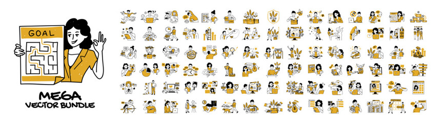 Productive workflow, time management, investment strategy and planning. career growth concept, business set of illustrations