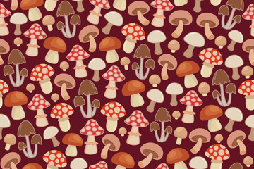 Wall Mural - Mushrooms, seamless repeating pattern for printing, textile, cover designs, cards, wrapping paper, pillows, towels and other printing and design projects