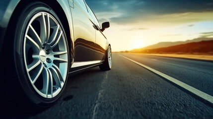 Poster - On the Road, Car tire speeding along country road sunset.