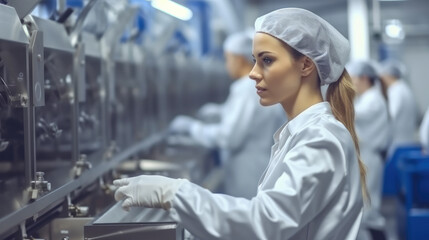 Poster - Young female worker operating machine units while working at clean food factory.