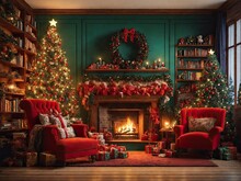 Fireplace Room Christmas Digital Backdrop Photography Background Christmas Tree Stockings Props Christmas Presents Gift Box Overlays Library