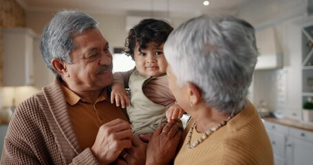 Poster - Family, love and grandparents with grandchild at their home for bonding in the living room together. Happy, smile and senior woman and man from Mexico with a baby, toddler or kid at modern house.